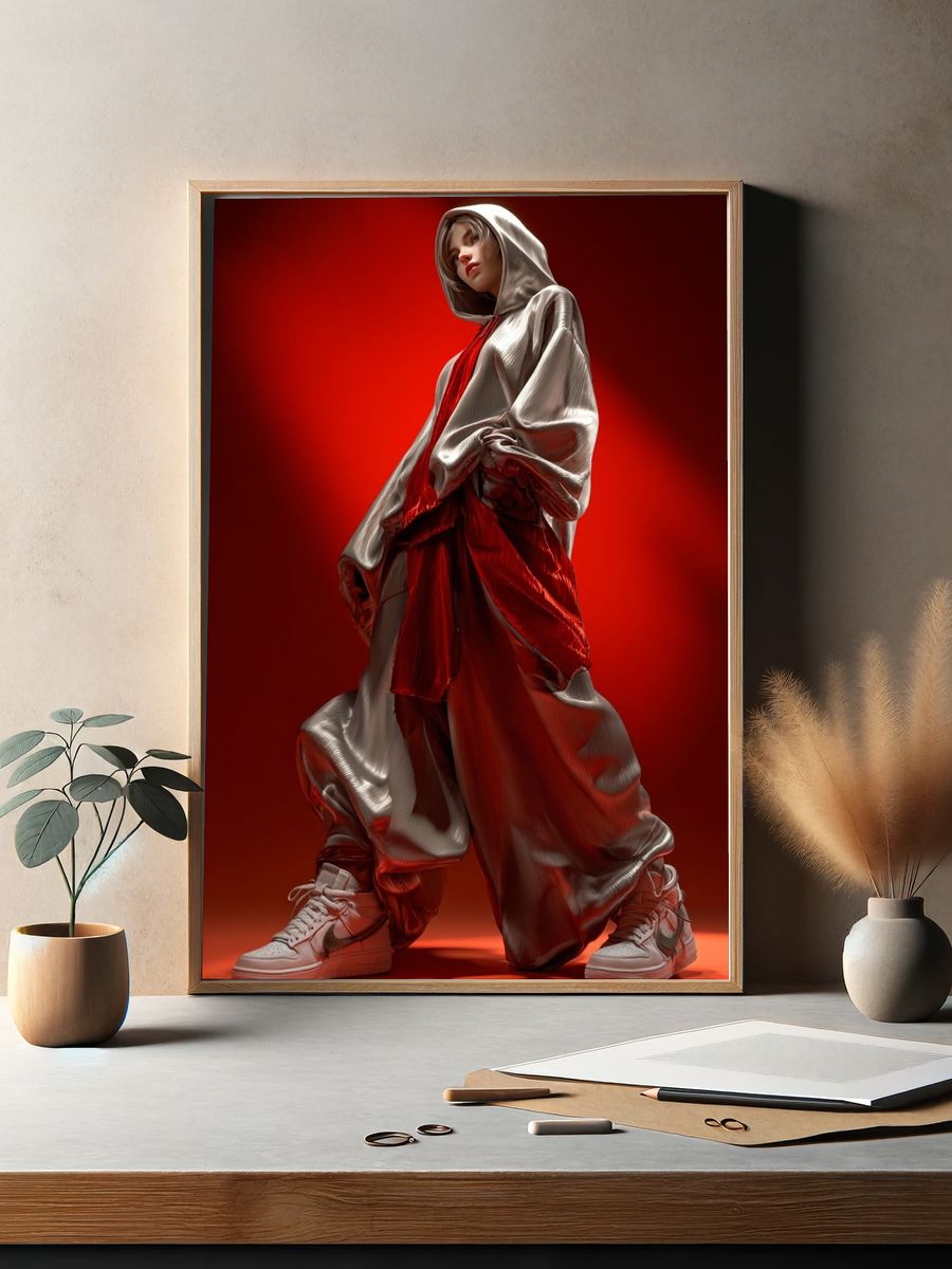 Red Hooded Fashion Portrait Poster. — room view 2