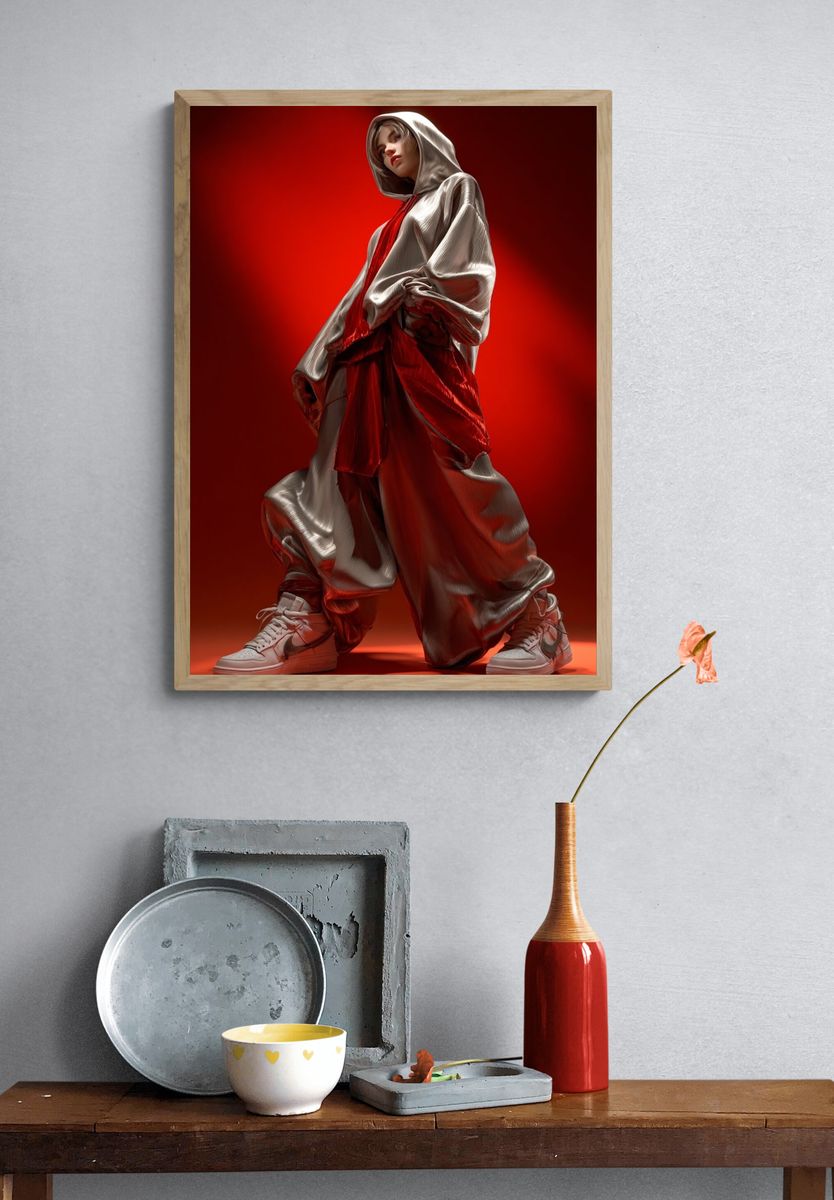 Red Hooded Fashion Portrait Poster. — room view 3