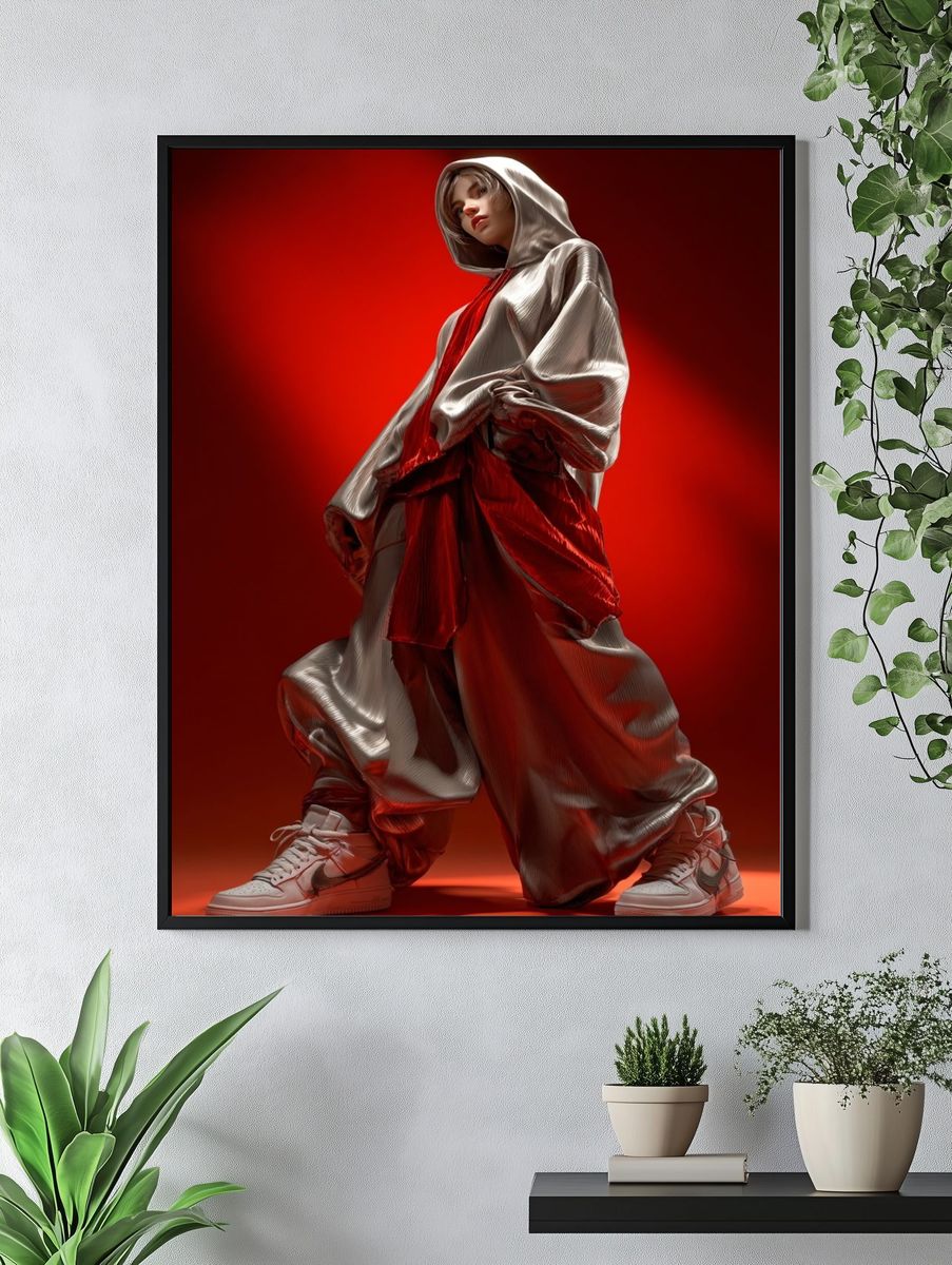 Red Hooded Fashion Portrait Poster. — room view 4