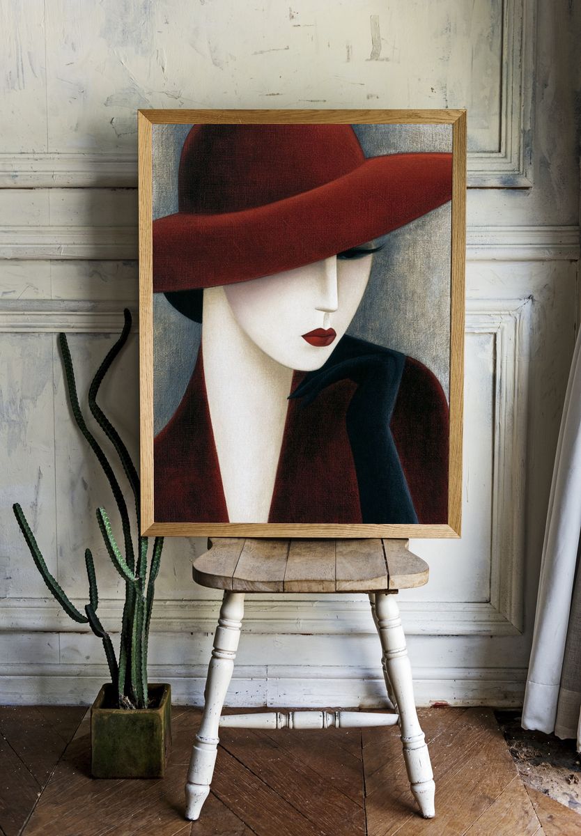 Elegant Woman in Red Hat Poster. room preview