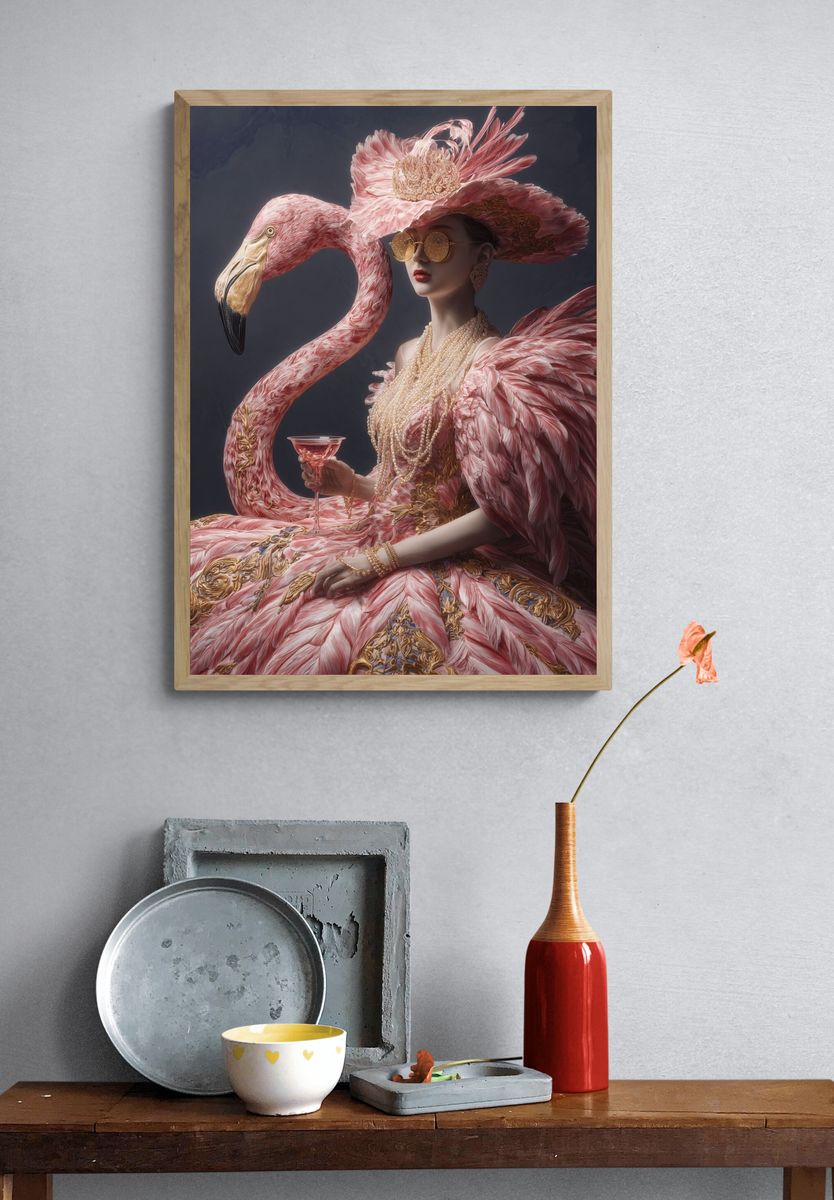 Pink Flamingo Fashion Portrait Print. — room view 3
