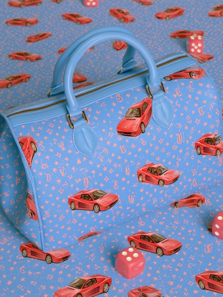 Blue Handbag and Red Cars Poster. poster detail
