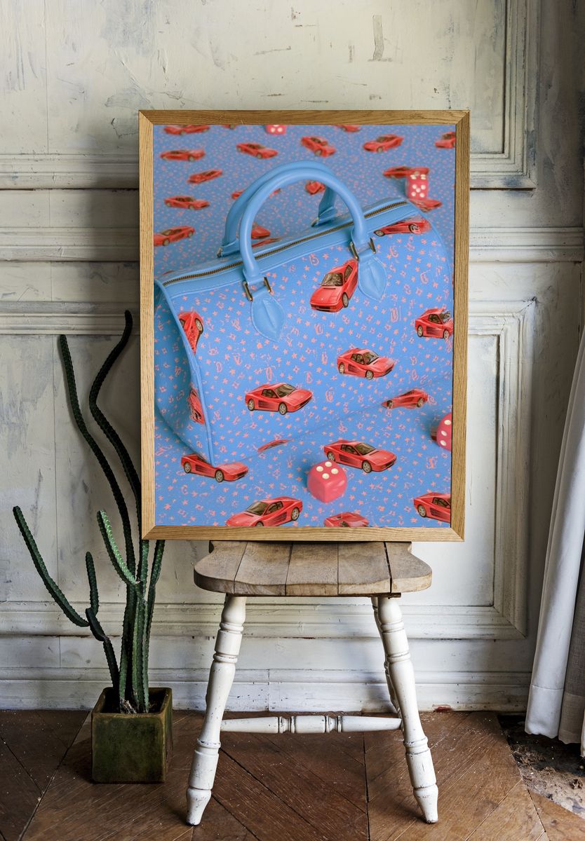 Blue Handbag and Red Cars Poster. room preview