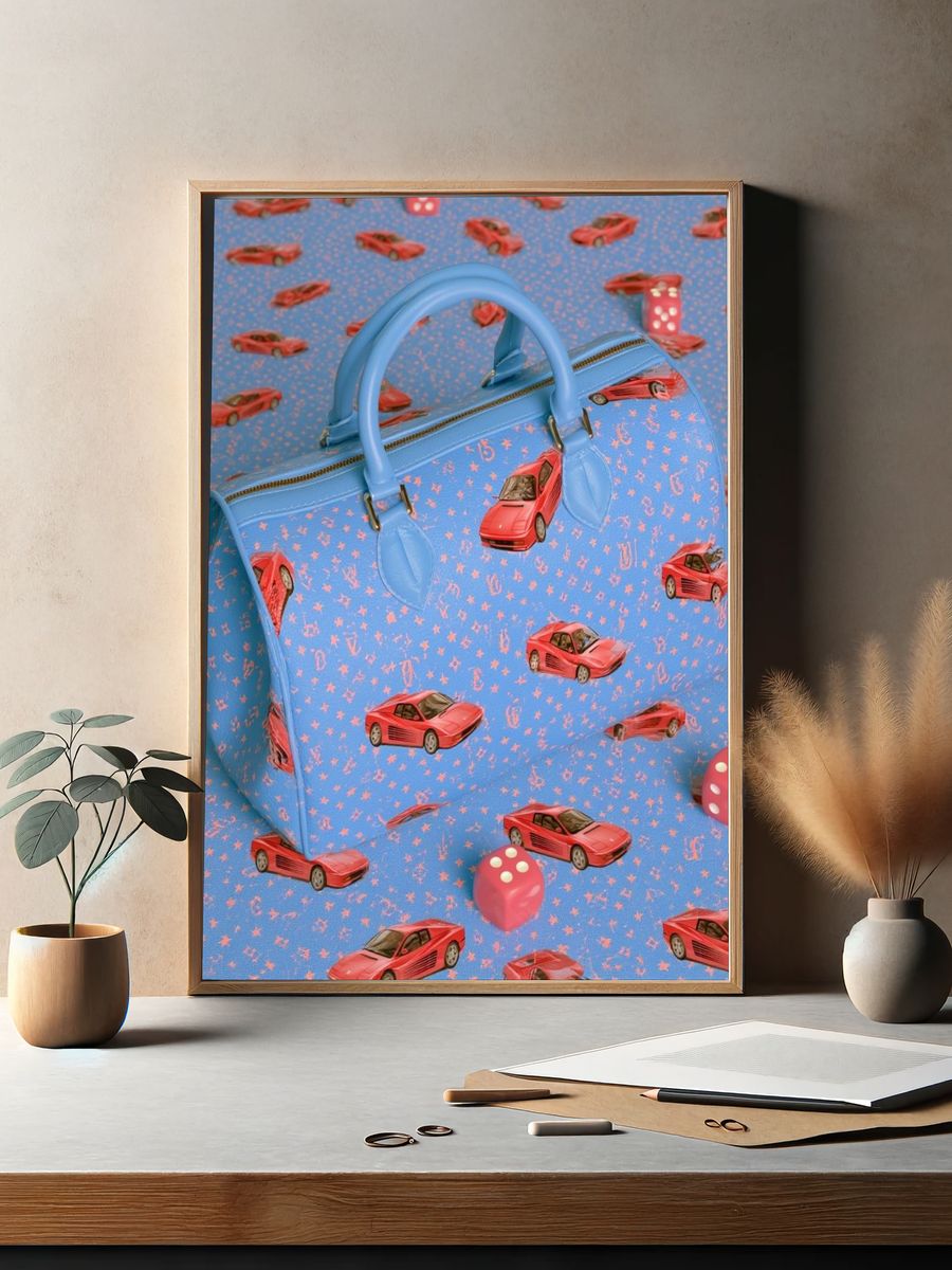 Blue Handbag and Red Cars Poster. — room view 2