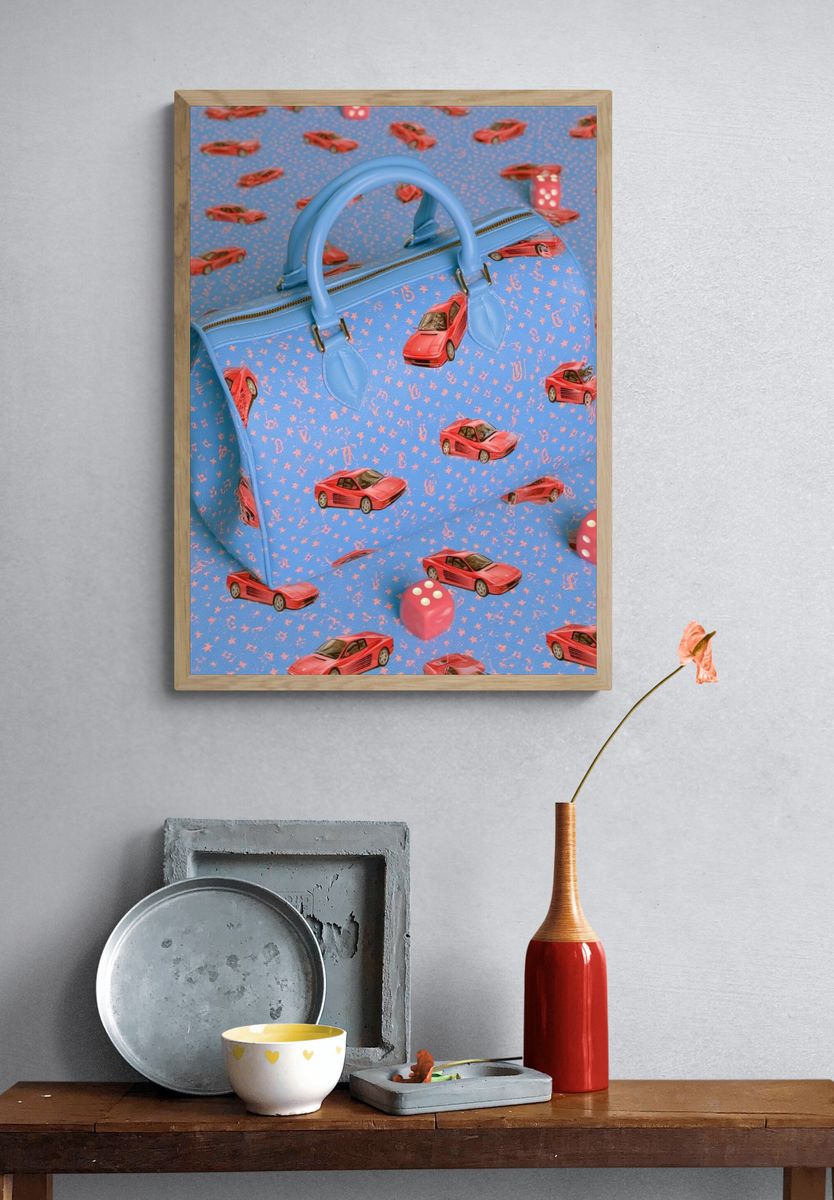 Blue Handbag and Red Cars Poster. — room view 3
