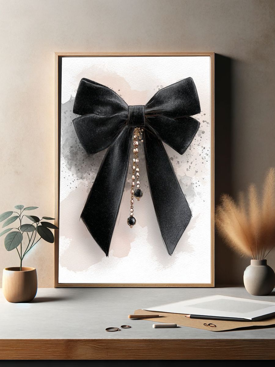 Black Bow Watercolor Illustration Poster. — room view 2