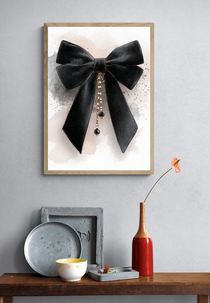 Black Bow Watercolor Illustration Poster. — room view 3