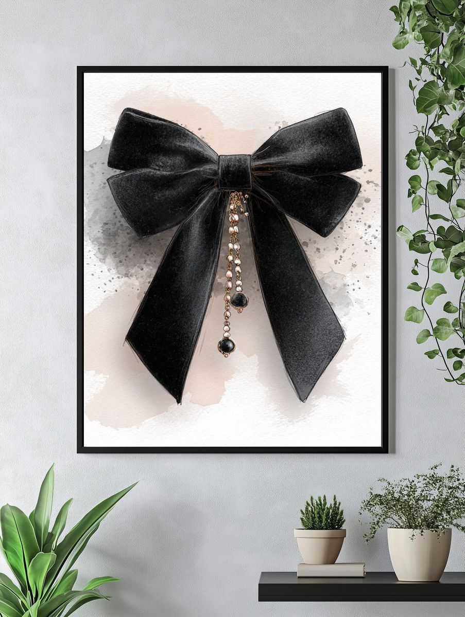 Black Bow Watercolor Illustration Poster. — room view 4