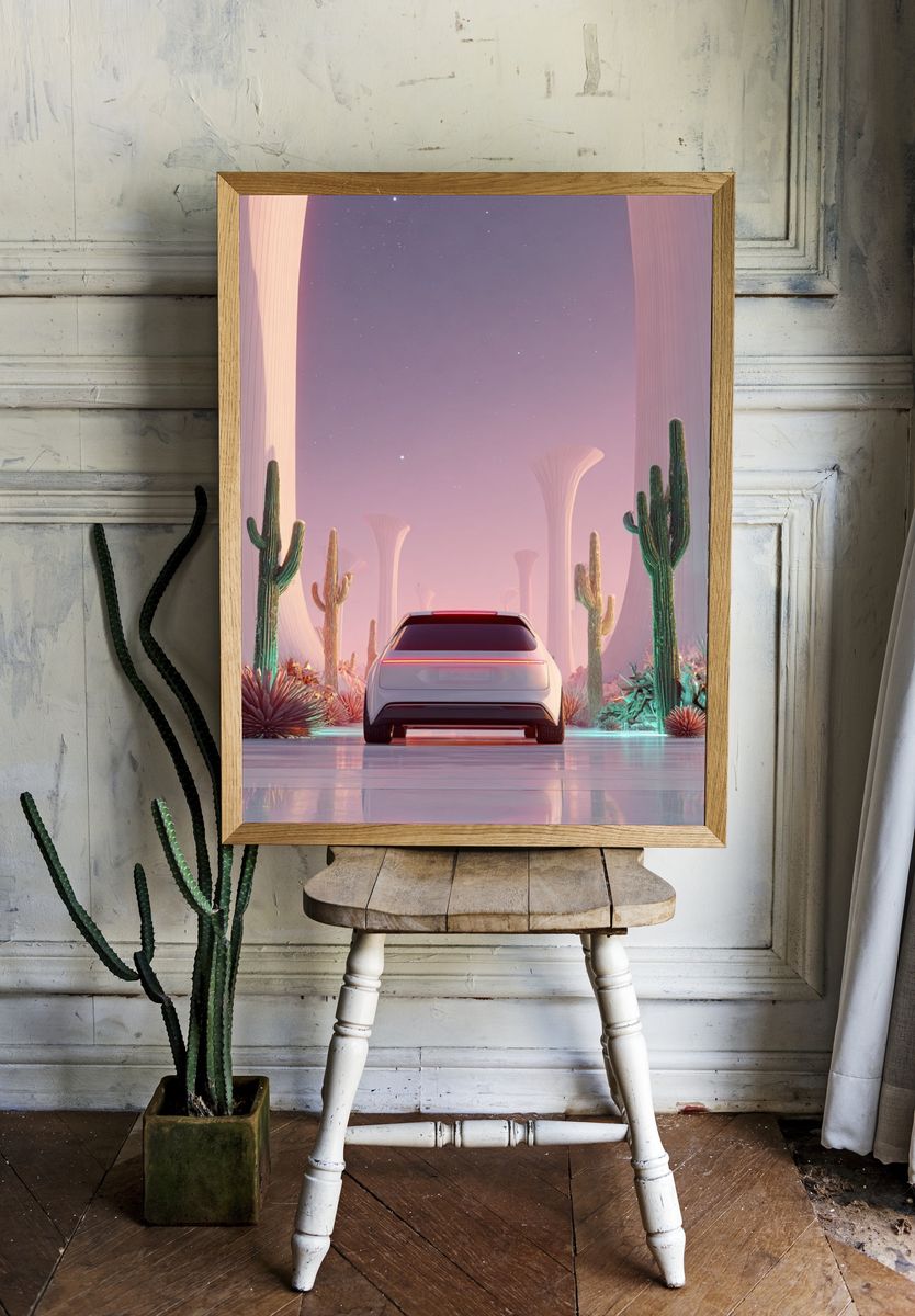 Futuristic Car in Desert Landscape Poster. — room view 1