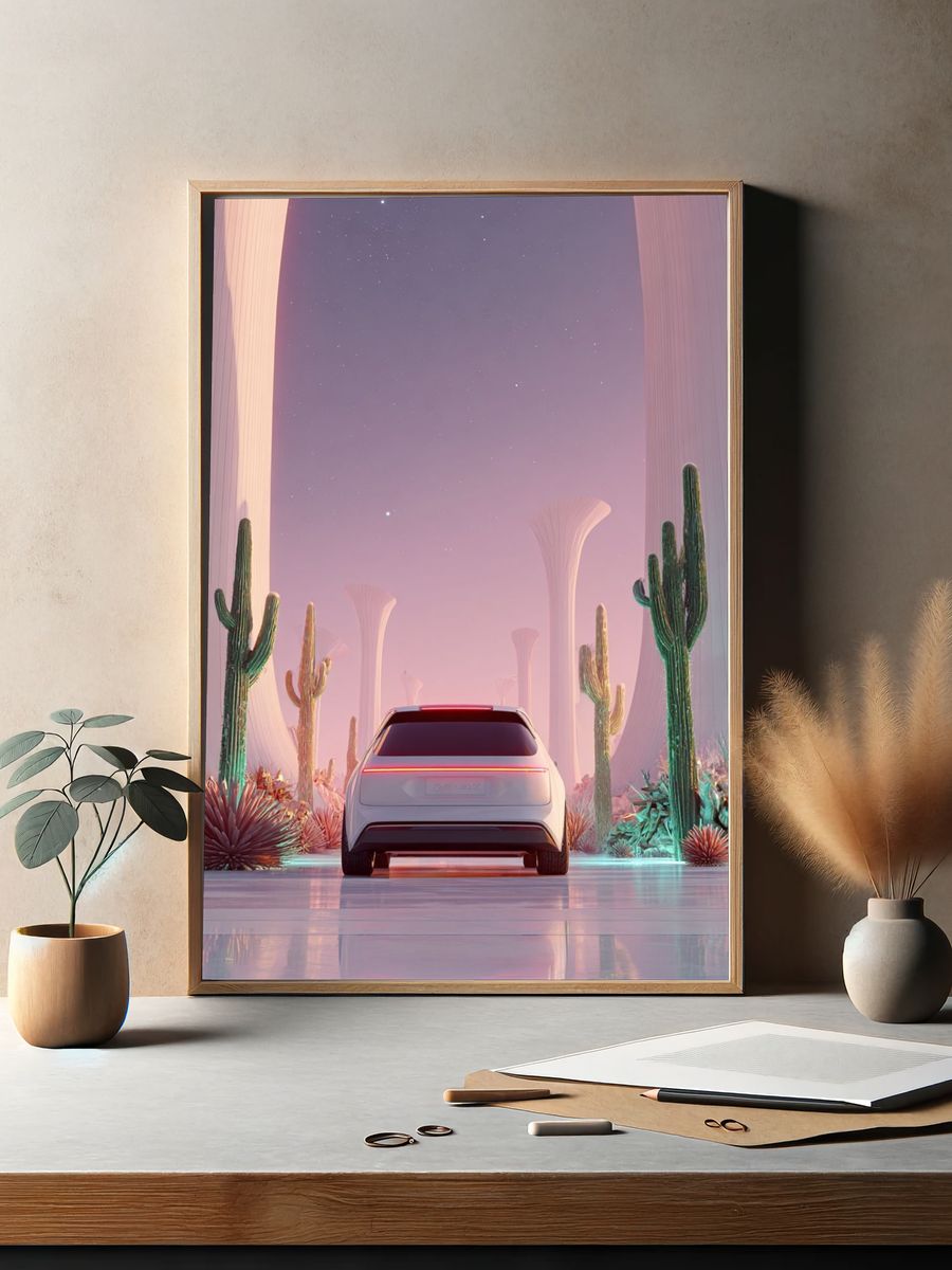 Futuristic Car in Desert Landscape Poster. — room view 2