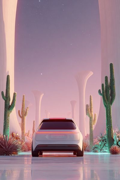 Futuristic Car in Desert Landscape Poster. poster