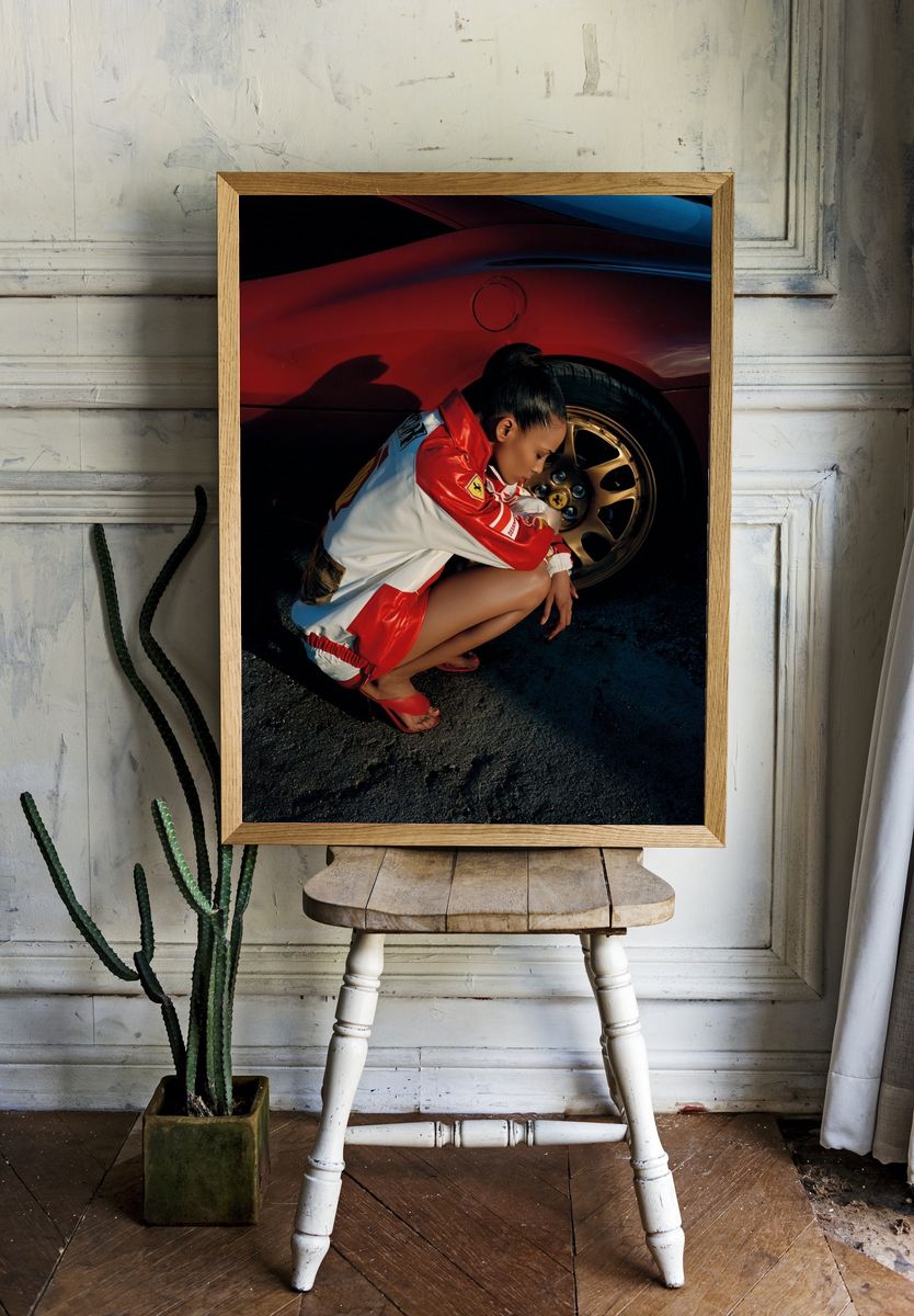 Fashionable Woman with Red Sports Car Poster room preview