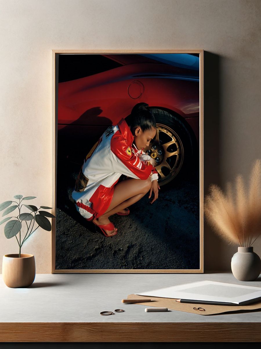 Fashionable Woman with Red Sports Car Poster. — room view 2