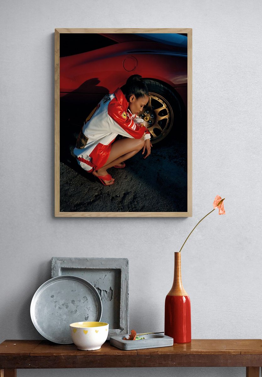 Fashionable Woman with Red Sports Car Poster. — room view 3