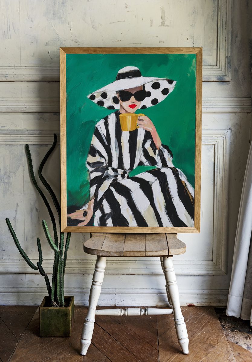 Chic Woman with Coffee — Fashion Print. — room view 1