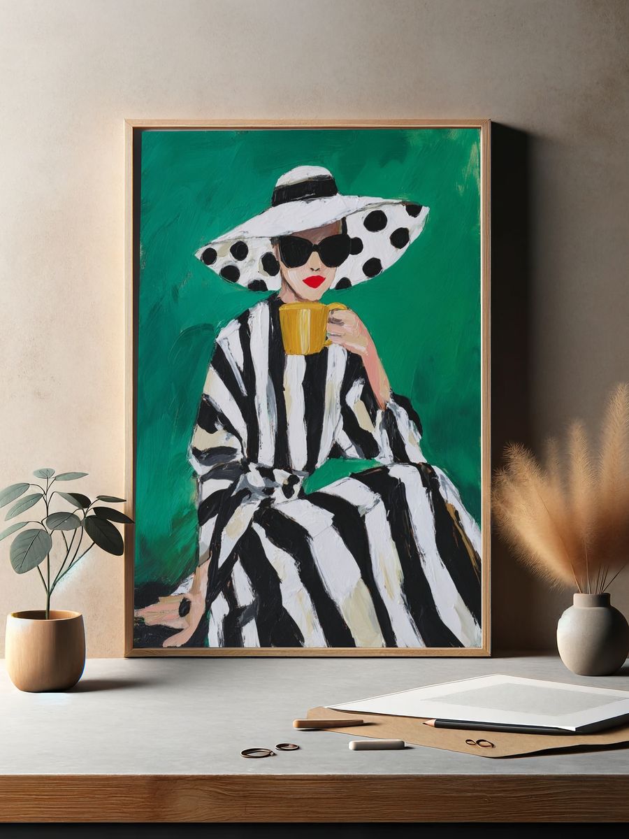 Chic Woman with Coffee — Fashion Print. — room view 2