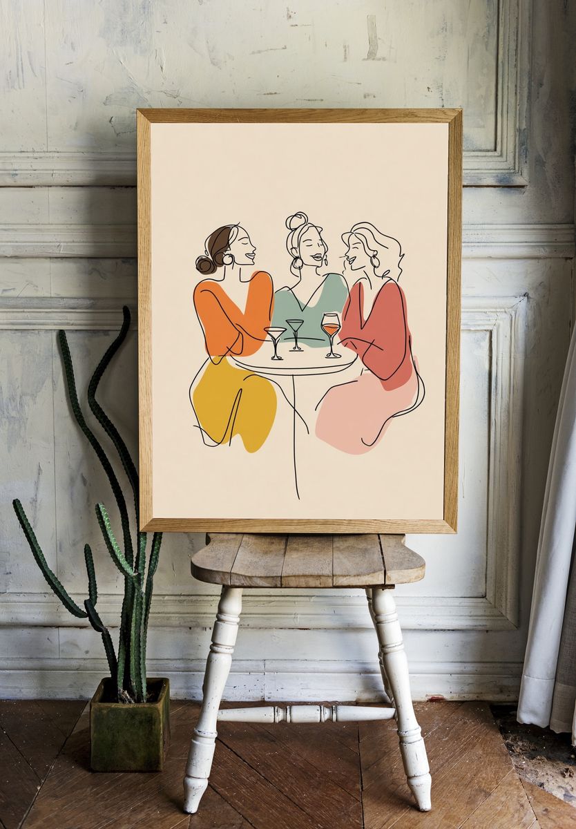 Friends Gathering — Line Art Print. — room view 1