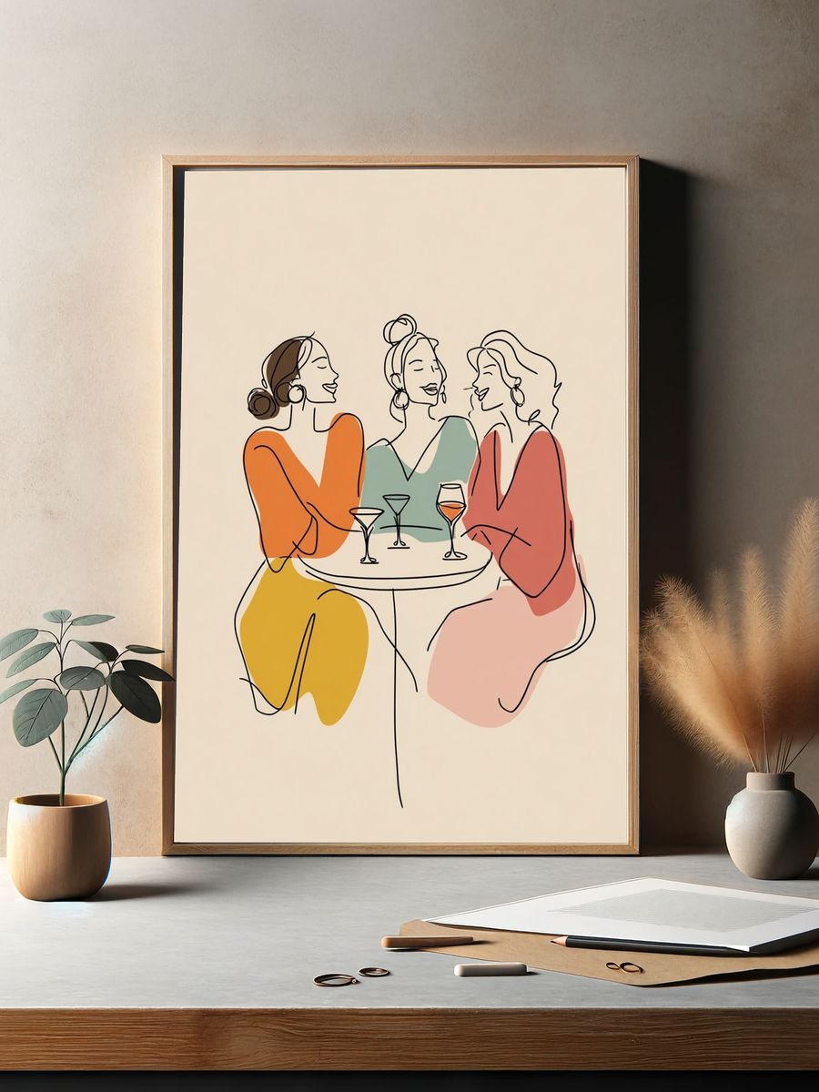 Friends Gathering — Line Art Print. — room view 2