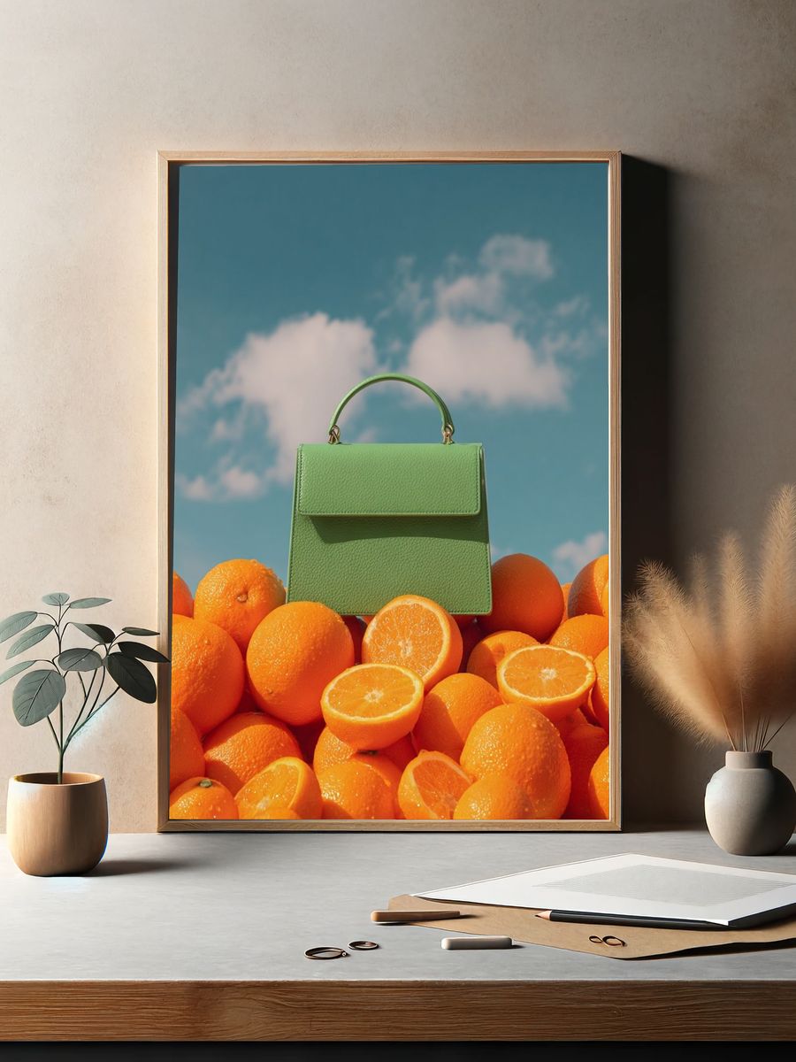 Green Handbag on Oranges — Fashion Print. — room view 2