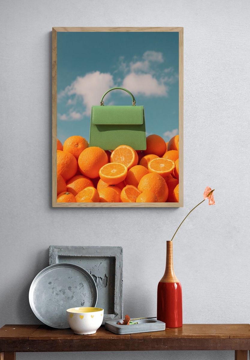 Green Handbag on Oranges — Fashion Print. — room view 3