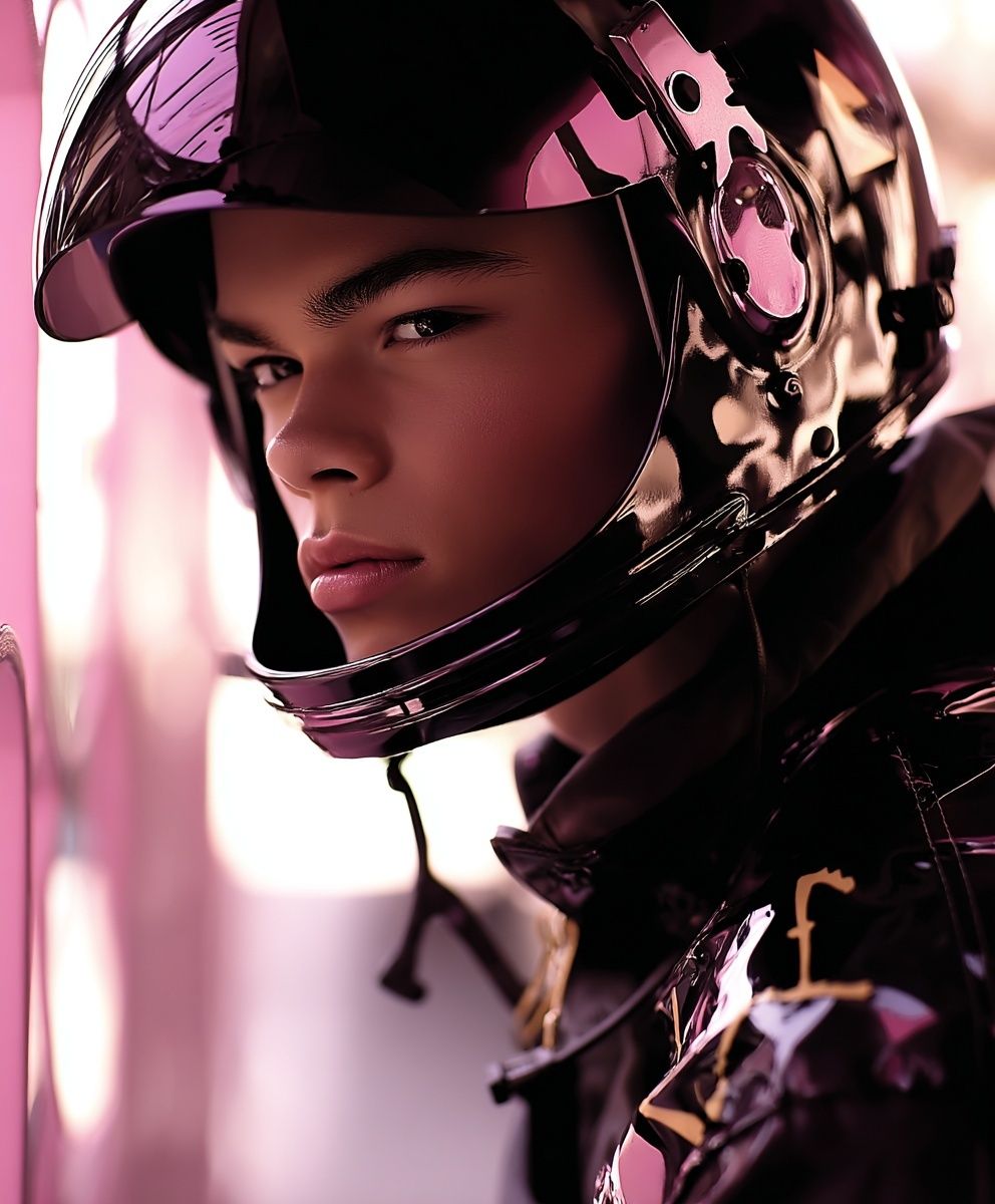 Stylish Young Man in Helmet — Fashion Photography Print. poster detail