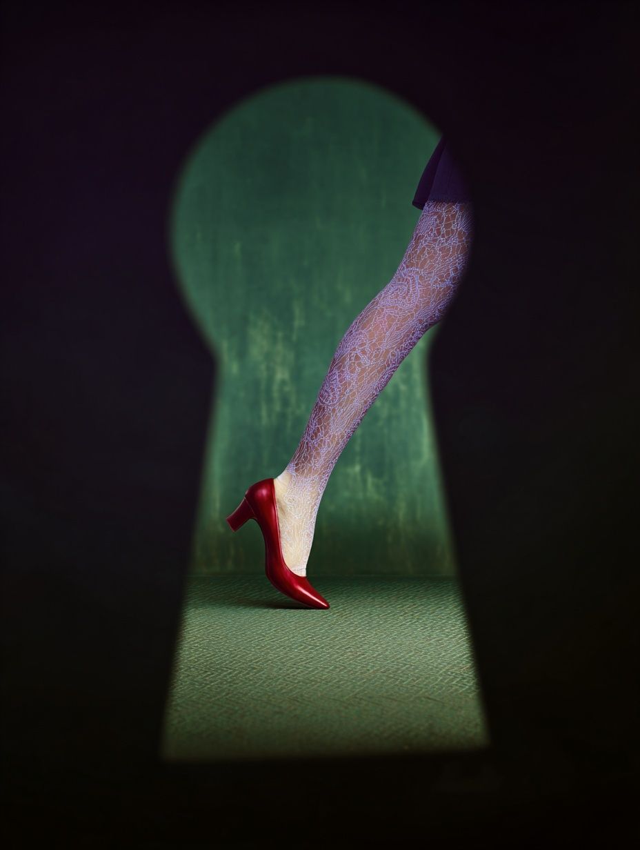 Red Heels Through Keyhole — Fashion Print. poster detail