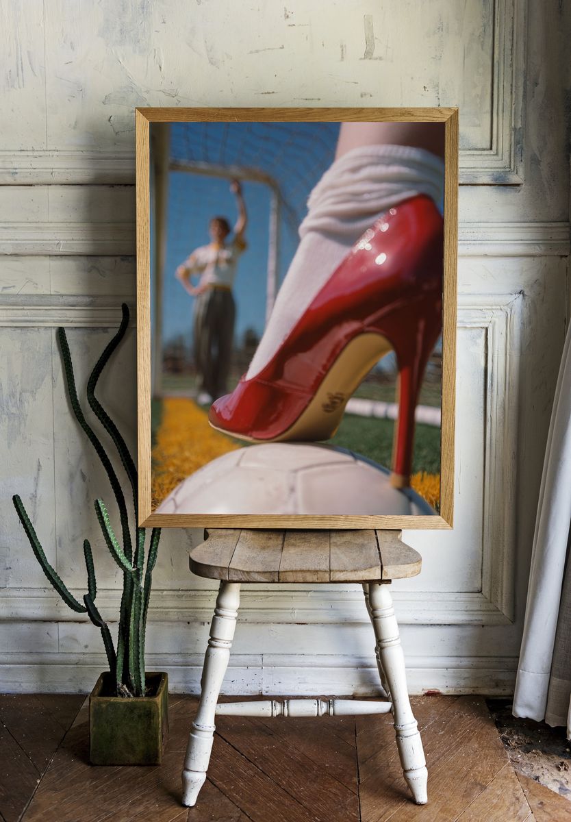 Red High Heel on Soccer Ball — Playful Print room preview