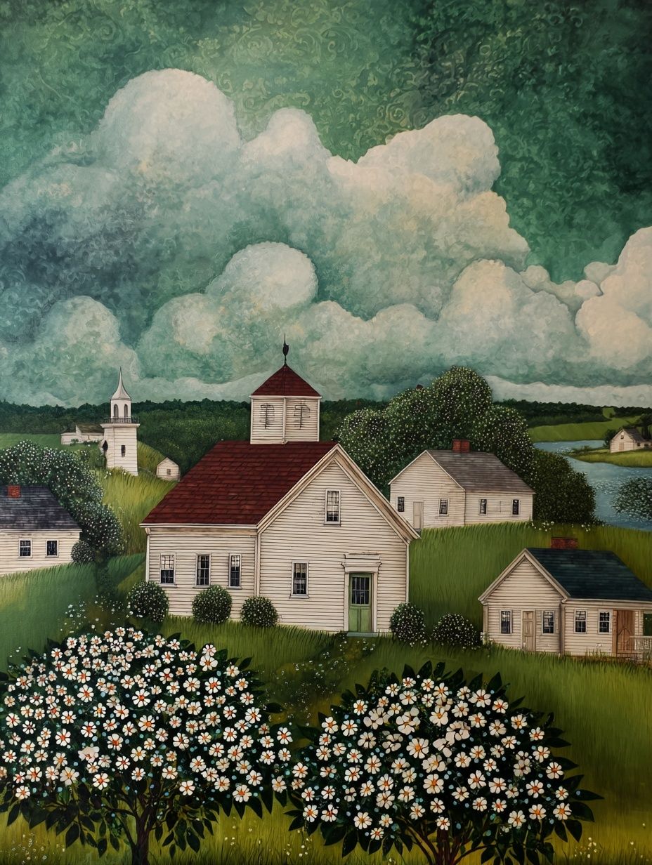 Countryside Village Landscape Print. poster detail