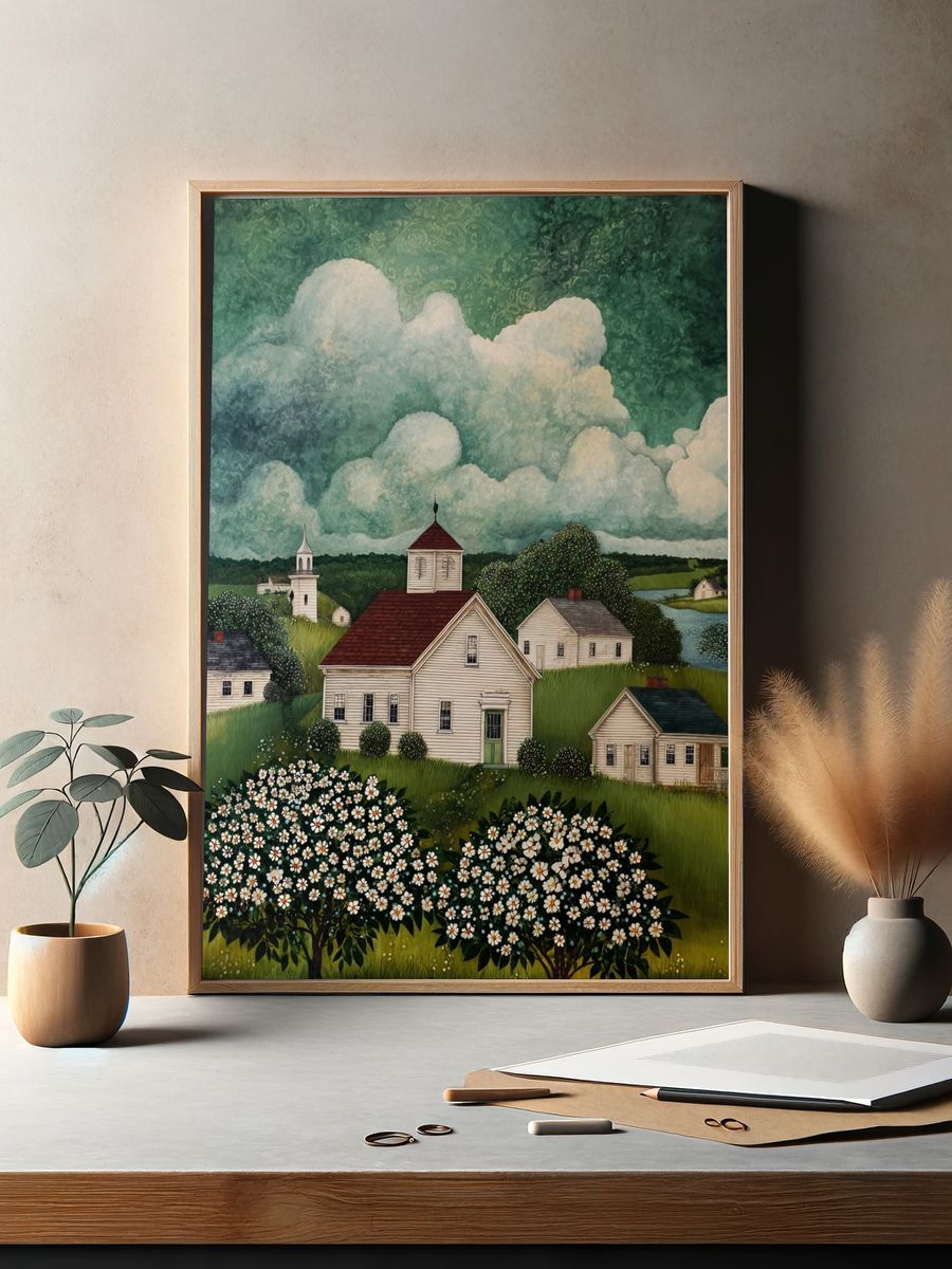 Countryside Village Landscape Print. — room view 2
