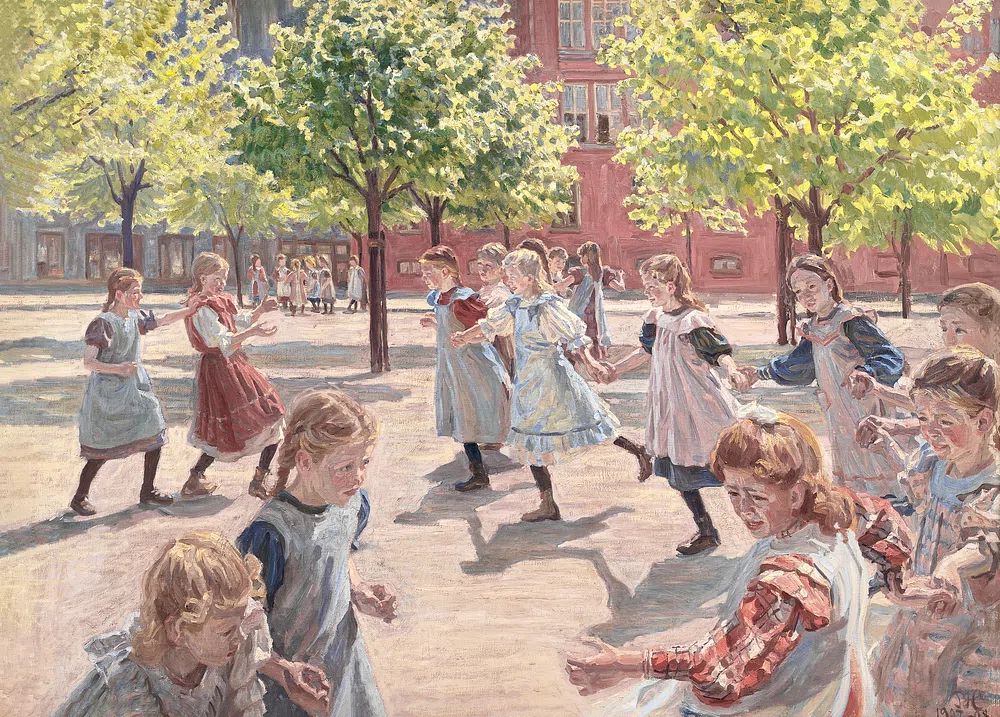 Children Playing in Courtyard Impressionist Poster. poster detail
