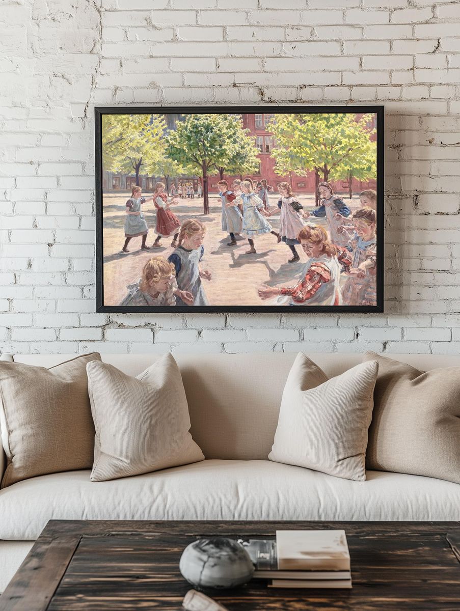 Children Playing in Courtyard Impressionist Poster. — room view 1