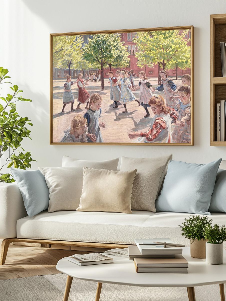 Children Playing in Courtyard Impressionist Poster. — room view 2