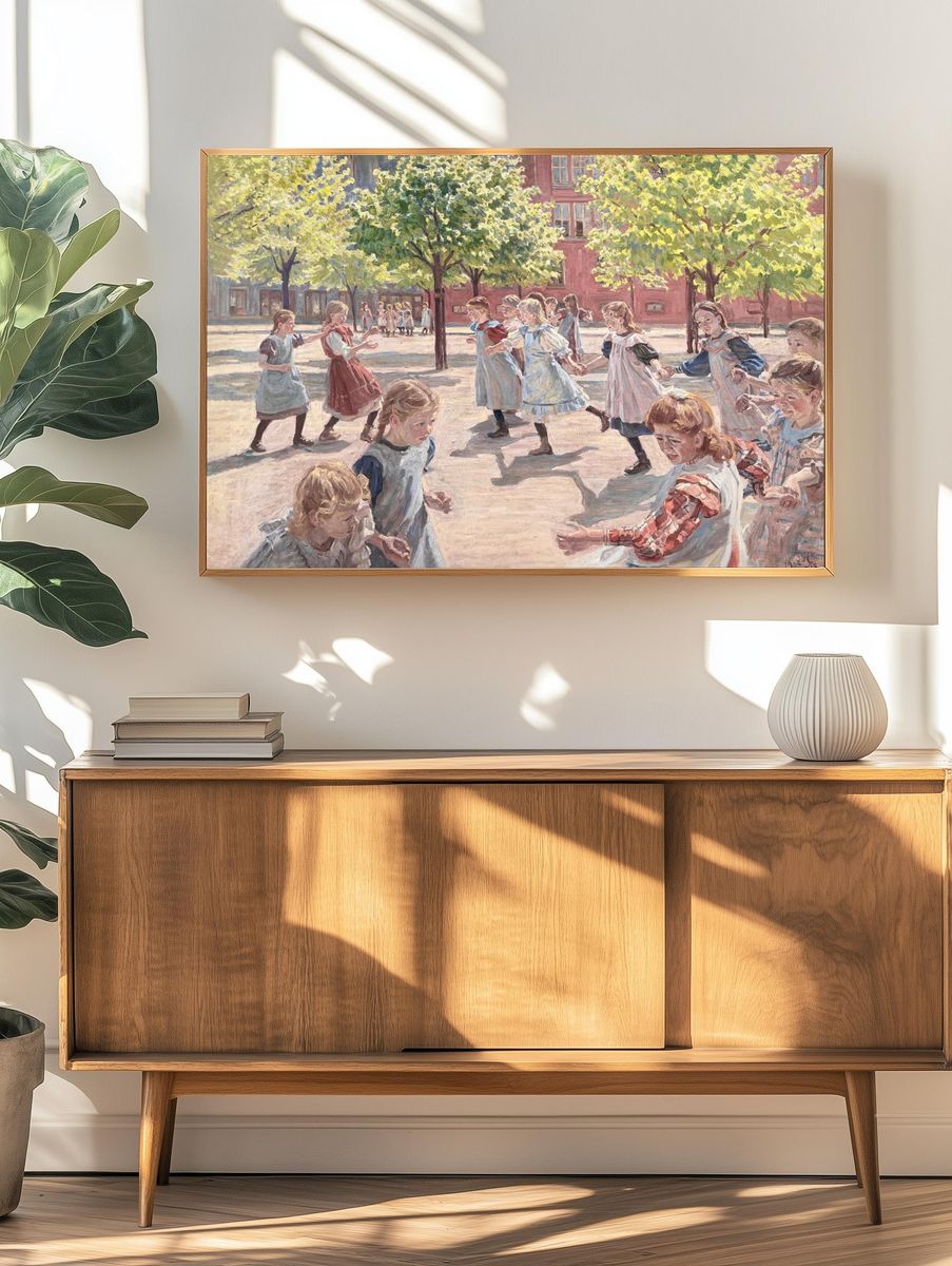 Children Playing in Courtyard Impressionist Poster. — room view 3
