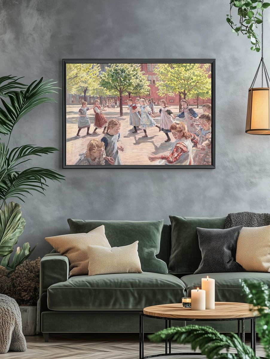Children Playing in Courtyard Impressionist Poster. — room view 4