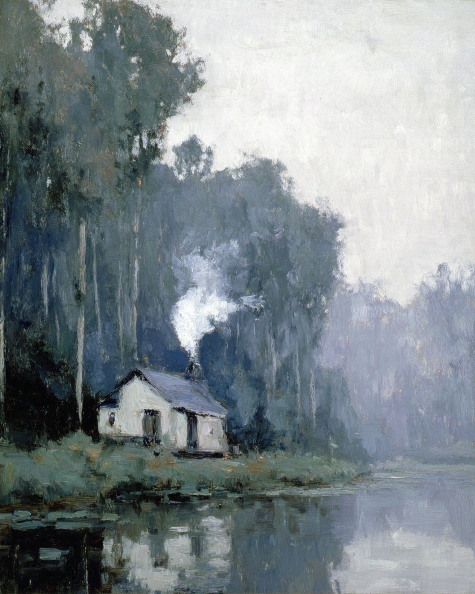 Misty Lakeside Cabin Impressionism Poster. poster detail