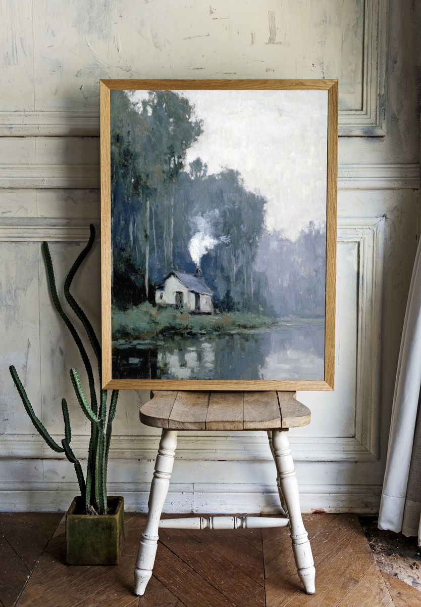 Misty Lakeside Cabin Impressionism Poster. — room view 1