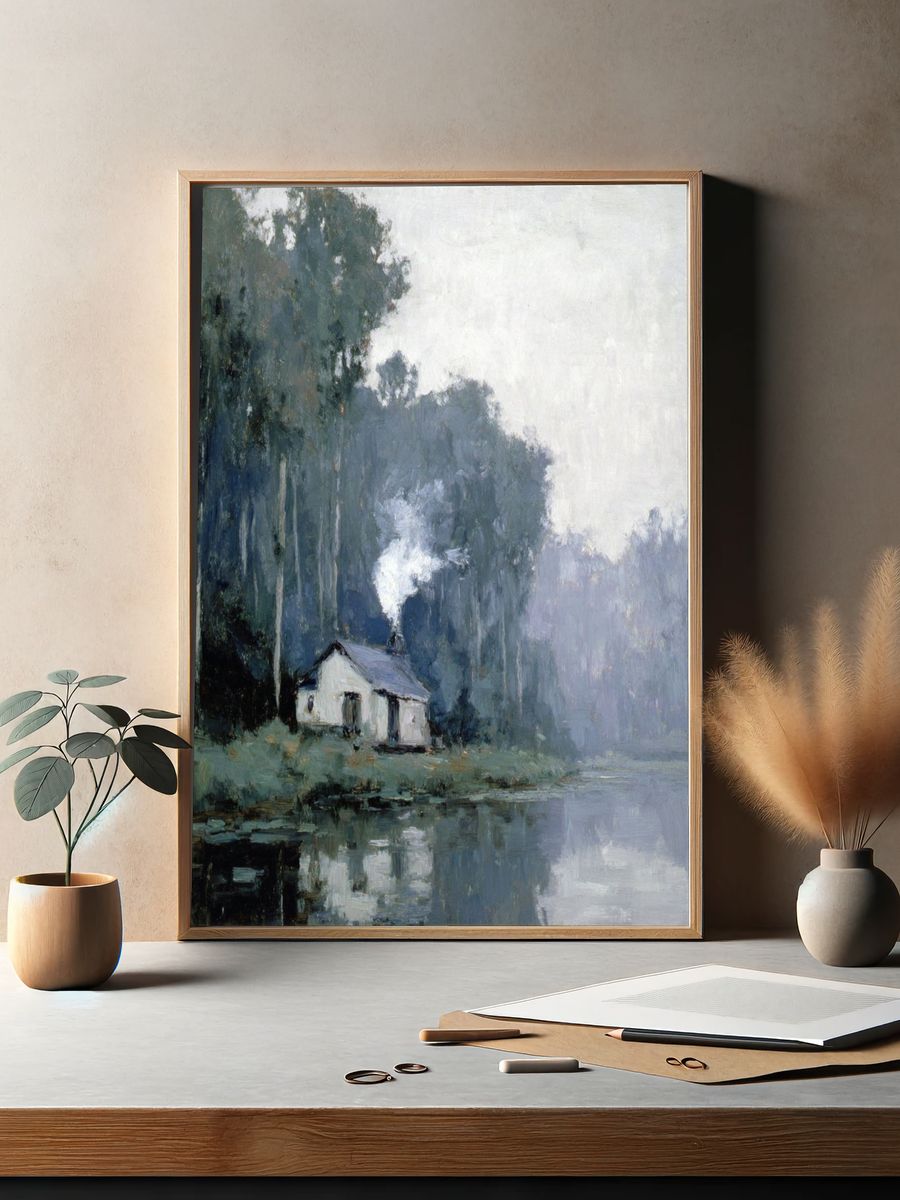 Misty Lakeside Cabin Impressionism Poster. — room view 2