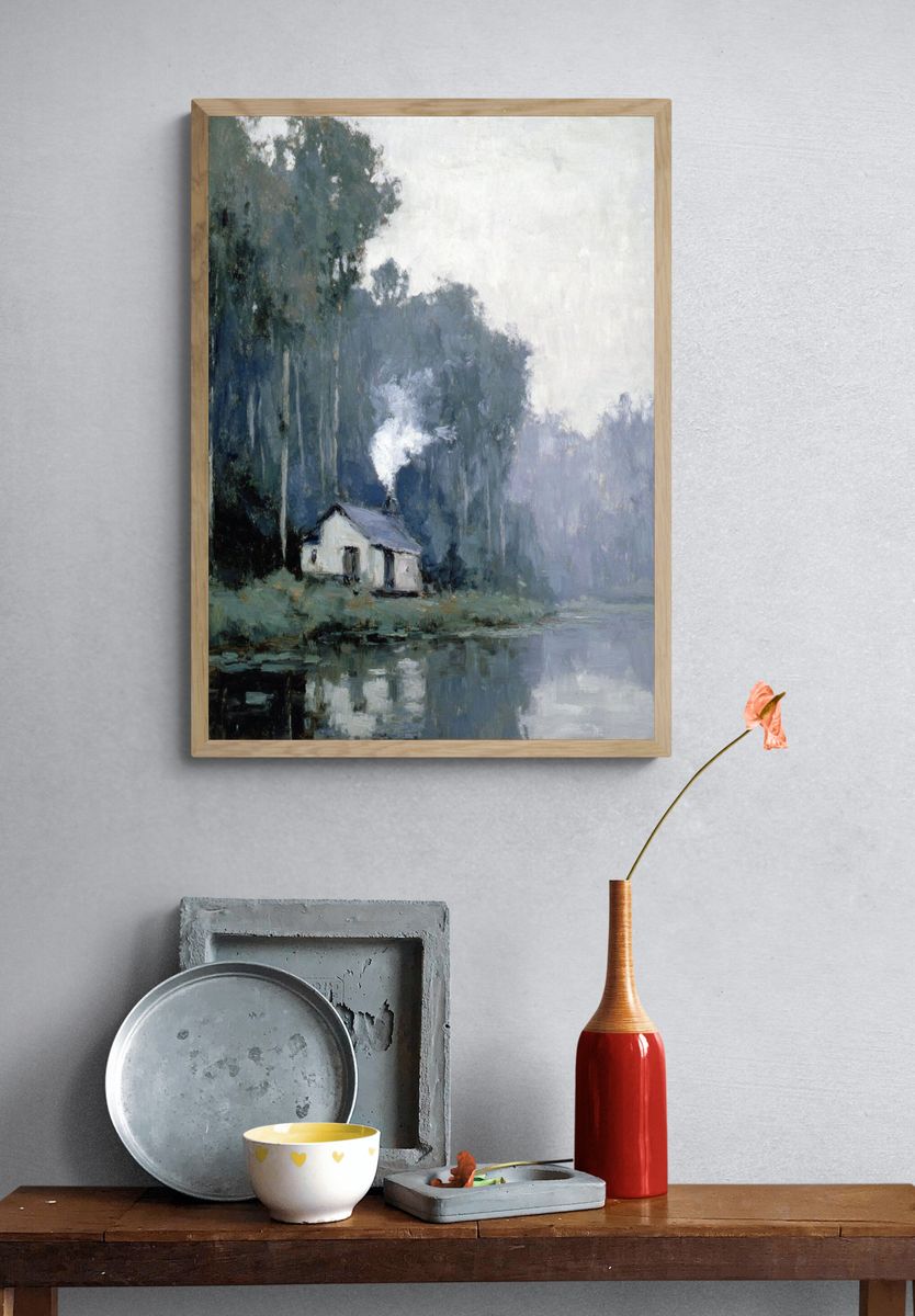 Misty Lakeside Cabin Impressionism Poster. — room view 3