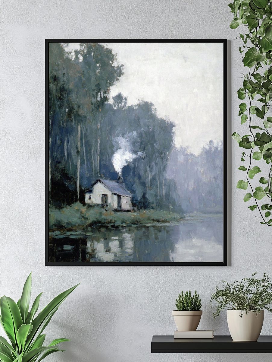 Misty Lakeside Cabin Impressionism Poster. — room view 4