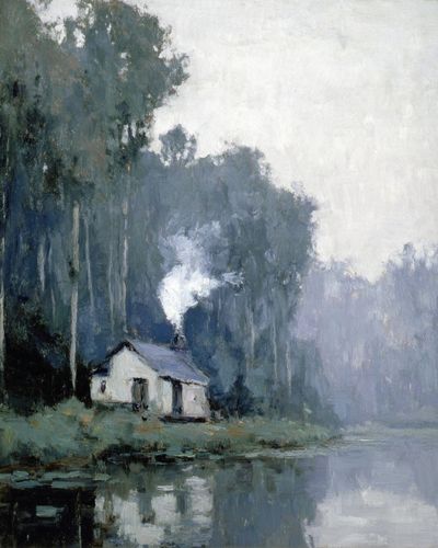 Misty Lakeside Cabin Impressionism Poster. poster
