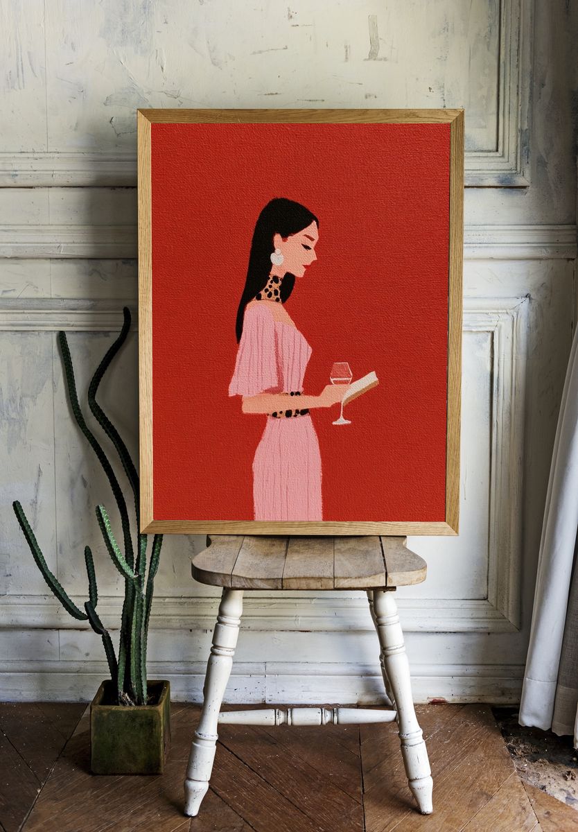 Elegant Woman with Wine — Fashion Illustration Print. — room view 1