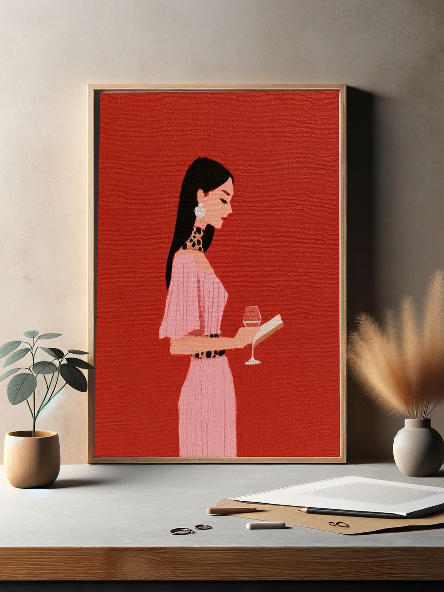 Elegant Woman with Wine — Fashion Illustration Print. — room view 2