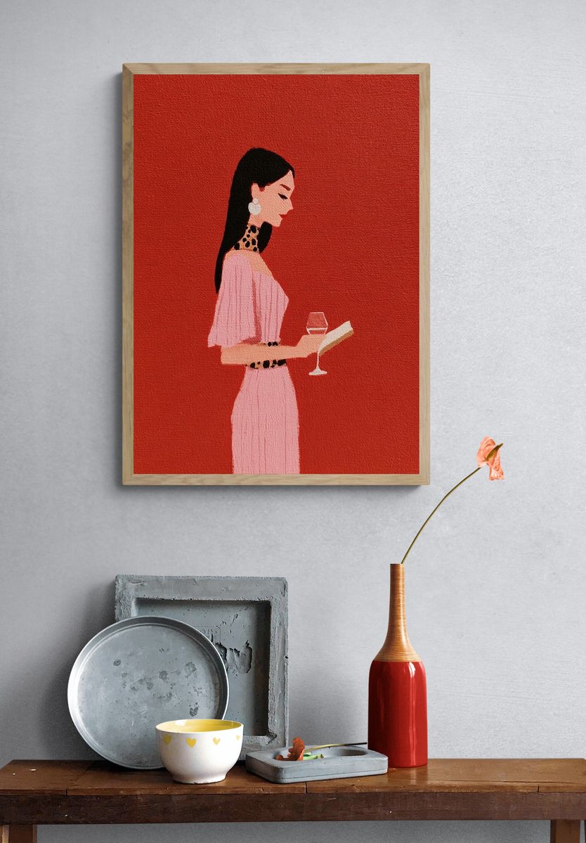 Elegant Woman with Wine — Fashion Illustration Print. — room view 3