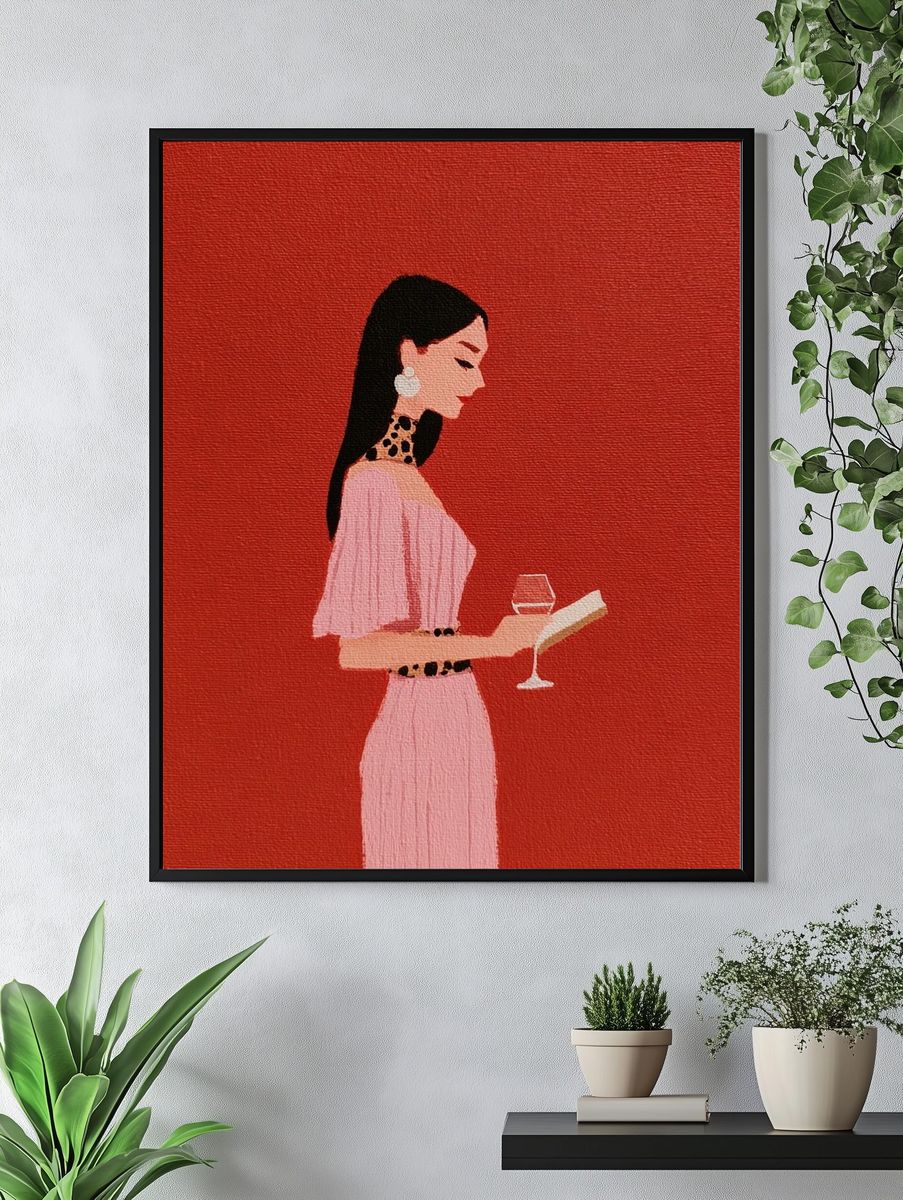 Elegant Woman with Wine — Fashion Illustration Print. — room view 4
