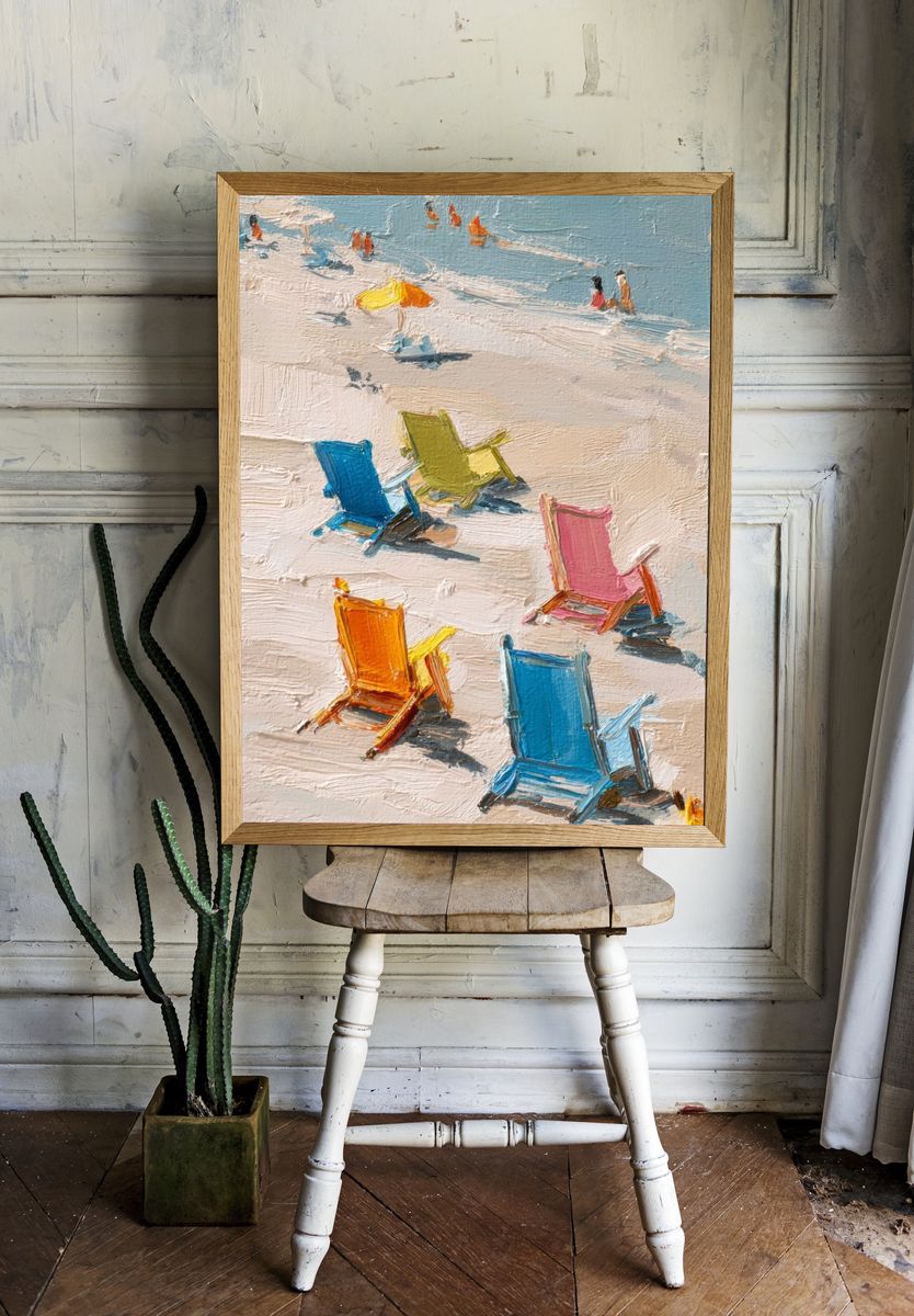 Colorful Beach Chairs Impressionist Poster. — room view 1