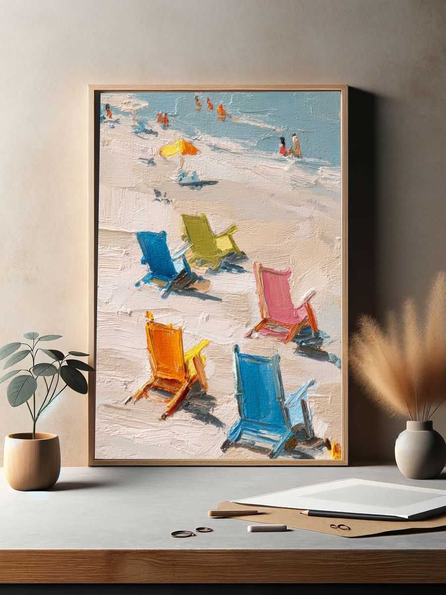 Colorful Beach Chairs Impressionist Poster. — room view 2