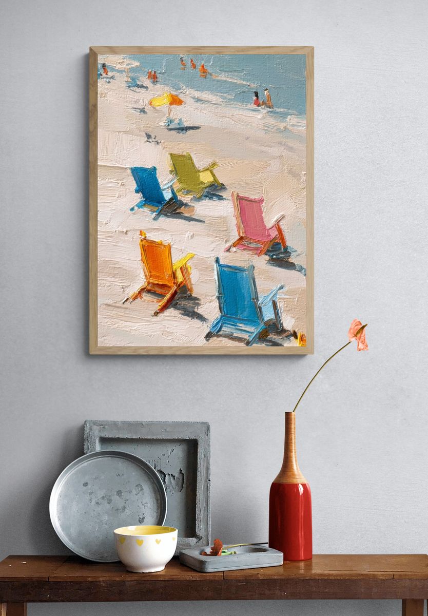 Colorful Beach Chairs Impressionist Poster. — room view 3