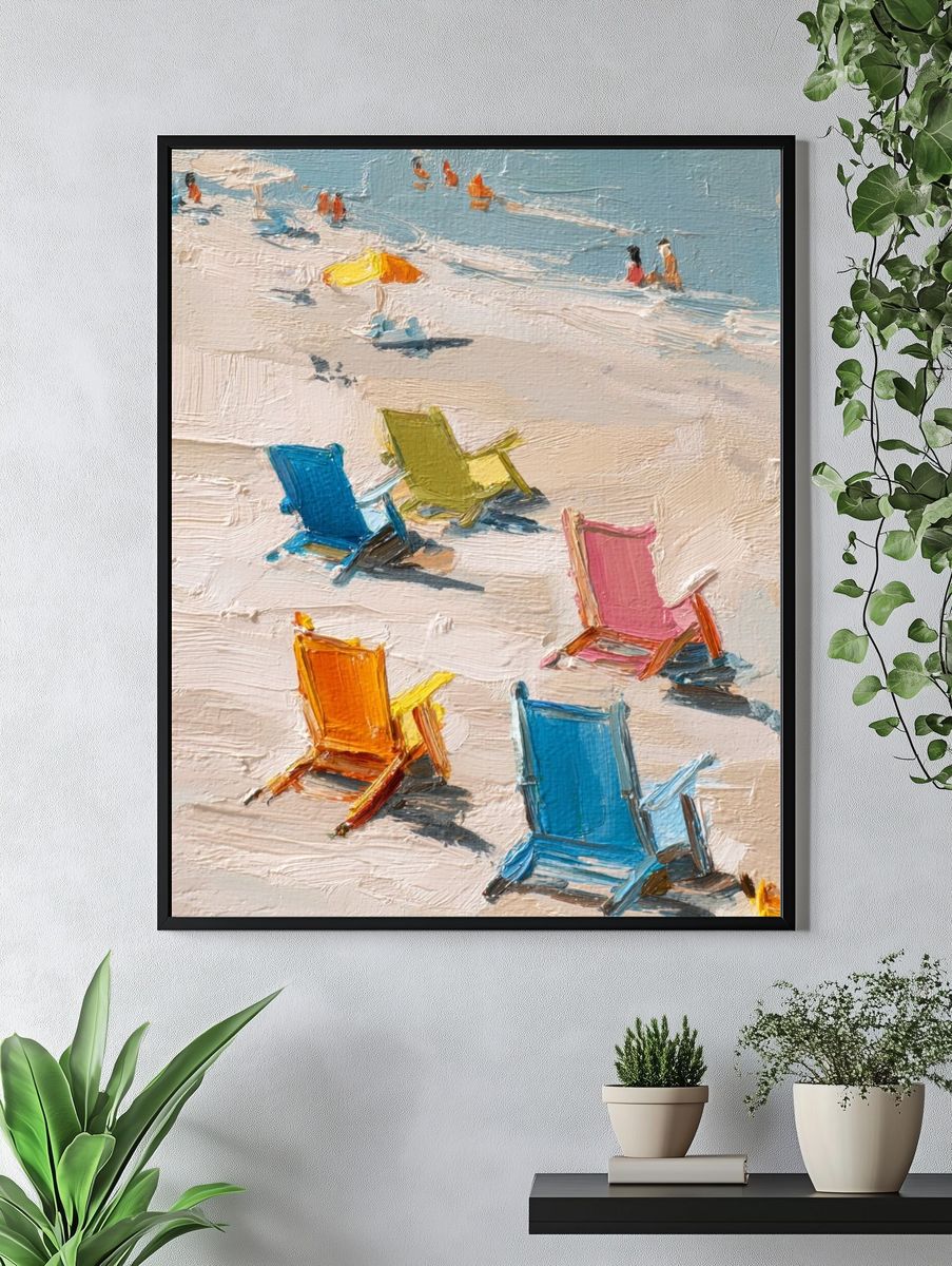 Colorful Beach Chairs Impressionist Poster. — room view 4