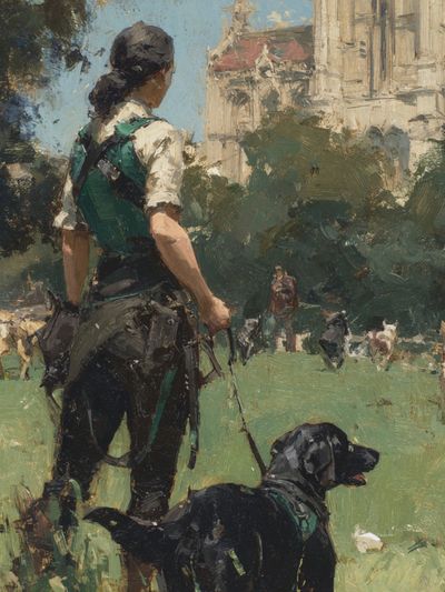 Dog Walker in Park Impressionist Print. poster print