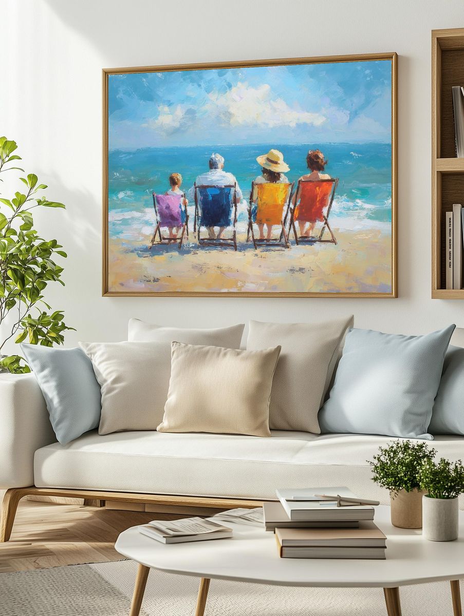 Beach Chairs by the Sea Impressionist Print. — room view 2